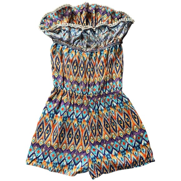 Boho Tube Top Romper Small Tribal Print Elastic Waist Ruffle Pom Trim Coachella - Picture 8 of 13